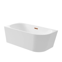 Left corner freestanding bathtub Balneo AVOLA 170 x 80 cm white acrylic with a stainless steel frame and 6 stabilizing legs, featuring a copper overflow and drain