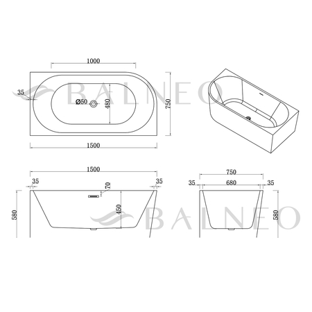 Freestanding bathtub corner right Balneo AVOLA NO RIM 150 x 75 cm white black acrylic with frame made of stainless steel and 6 stabilizing legs with overflow and white plug