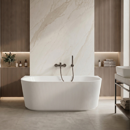Freestanding bathtub wall-mounted Balneo VIVA fluted NO RIM 150 x 75 cm white acrylic with frame made of stainless steel and 6 stabilizing legs with overflow and white plug