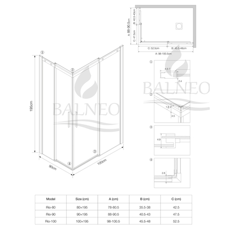 Shower enclosure sliding Balneo Rio 90 x 100 cm black transparentna