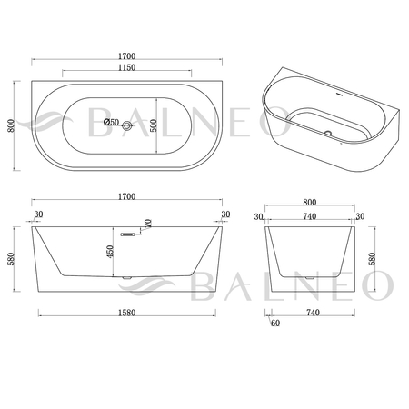 Freestanding bathtub wall-mounted Balneo VIVA NO RIM 170 x 80 cm white grey acrylic with frame made of stainless steel and 6 stabilizing legs with overflow and white plug