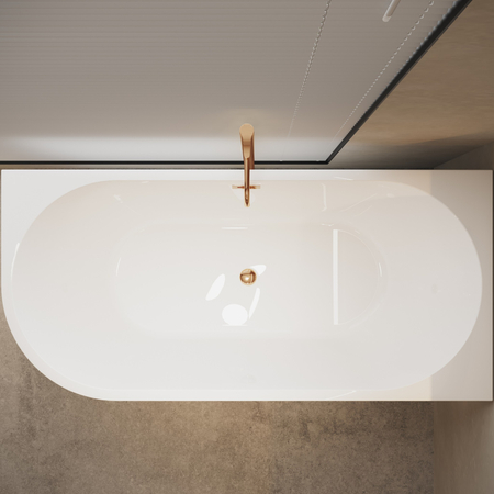 Right corner freestanding bathtub Balneo AVOLA 160 x 80 cm white acrylic with a stainless steel frame and 6 stabilizing legs, featuring a copper overflow and drain