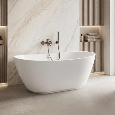 Freestanding bathtub Balneo PARMA NO RIM 170 x 72 cm white grey acrylic with frame made of stainless steel and 6 stabilizing legs with overflow and white plug