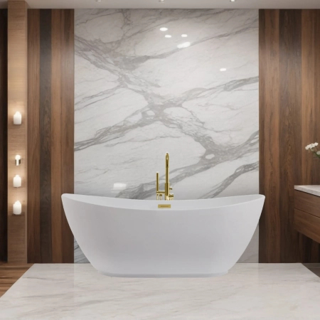 Balneo PARMA freestanding bathtub 170 x 72 cm, white acrylic with a stainless steel frame and 6 stabilizing legs, featuring an overflow and gold drain