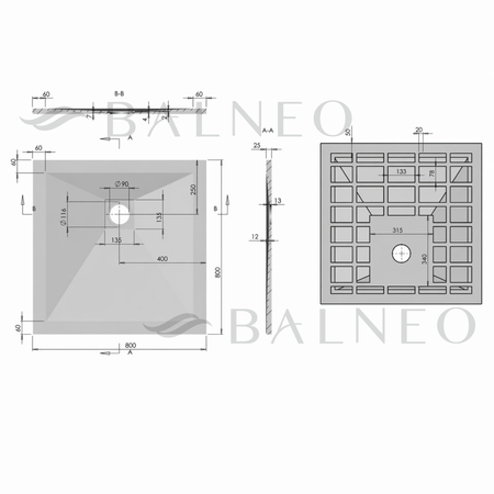 Balneo Stone Tray composite shower tray 80 x 80 x 2.5 cm dark grey low square