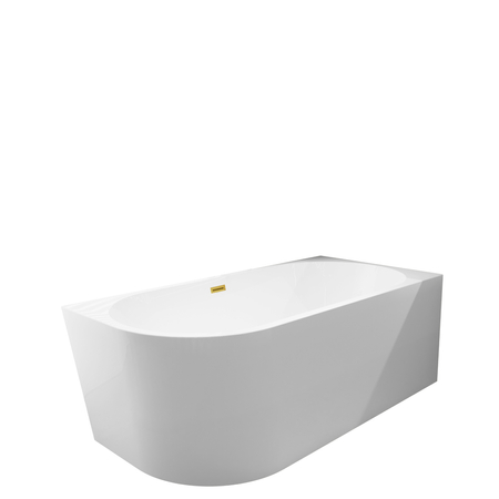 Wanna wolnostojąca narożna prawa Balneo AVOLA 150 x 75 cm biała akrylowa z ramą ze stali nierdzewnej i 6 nóżkami stabilizującymi z przelewem i korkiem złoto lustrzanym