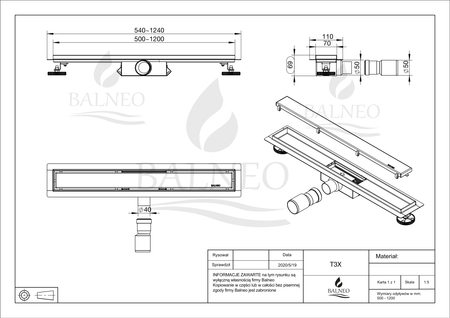 Odpływ liniowy podłogowy Balneo Decor Next Drops 100 cm z panelem dekoracyjnym ze stali nierdzewnej szczotkowanej z niskim syfonem i głębokim osadnikiem