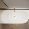Left corner freestanding bathtub Balneo AVOLA 170 x 80 cm white acrylic with a stainless steel frame and 6 stabilizing legs, featuring a copper overflow and drain