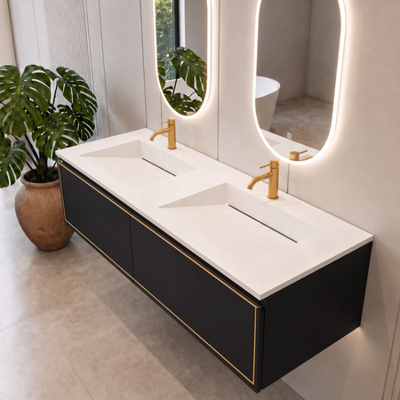 Alveria Solid Surface Washbasin, Coco White, with Double Linear Drain, 140 cm