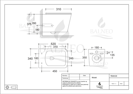 Wall-hung toilet bowl TOILET Balneo Luga rimless white without a flange with toilet seat soft-closing with duroplastu