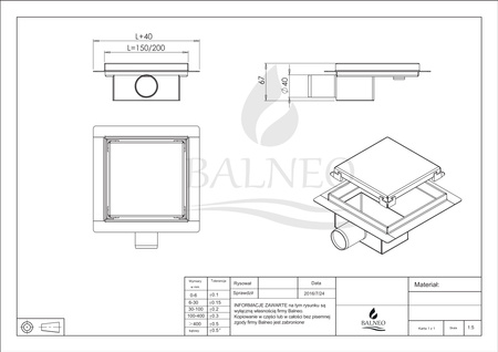 Odpływ podłogowy kwadratowy Balneo SQ-Drain 15 x 15 cm dwustronny ze stali nierdzewnej szczotkowanej