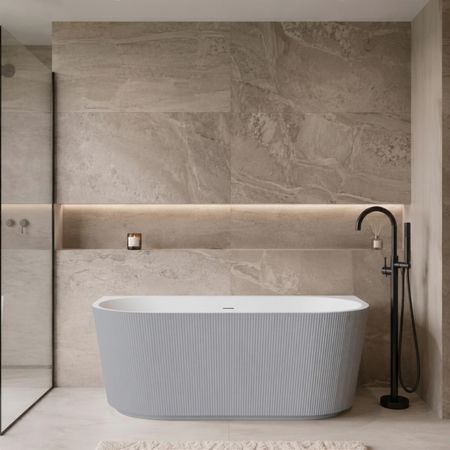 Freestanding bathtub wall-mounted Balneo VIVA fluted 150 x 75 cm white grey acrylic with frame made of stainless steel and 6 stabilizing legs with overflow and white plug