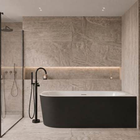 Freestanding bathtub corner right Balneo AVOLA NO RIM 150 x 75 cm white black acrylic with frame made of stainless steel and 6 stabilizing legs with overflow and white plug
