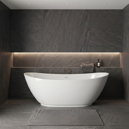 Freestanding bathtub Balneo PARMA NO RIM 170 x 72 cm white grey acrylic with frame made of stainless steel and 6 stabilizing legs with overflow and white plug