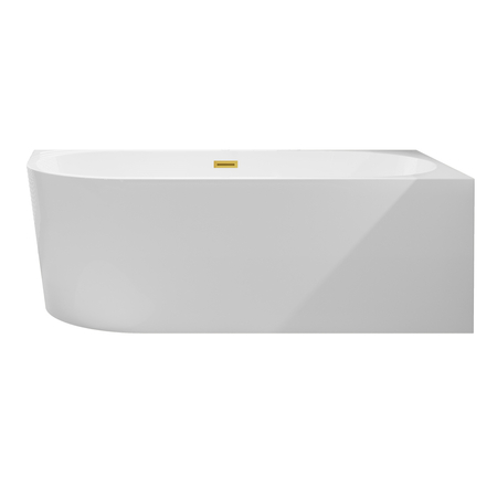 Wanna wolnostojąca narożna prawa Balneo AVOLA 150 x 75 cm biała akrylowa z ramą ze stali nierdzewnej i 6 nóżkami stabilizującymi z przelewem i korkiem złoto lustrzanym