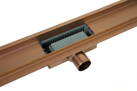 Odpływ liniowy podłogowy Balneo Duplex Next Copper 70 cm miedziany dwustronny ze stali nierdzewnej szczotkowanej z niskim syfonem i głębokim osadnikiem