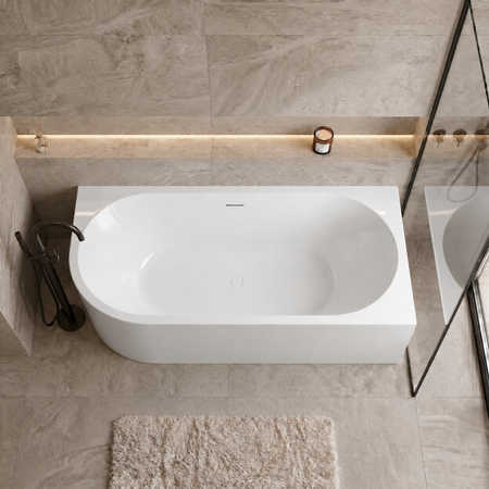 Freestanding bathtub corner right Balneo AVOLA NO RIM 160 x 80 cm white acrylic with frame made of stainless steel and 6 stabilizing legs with overflow and white plug