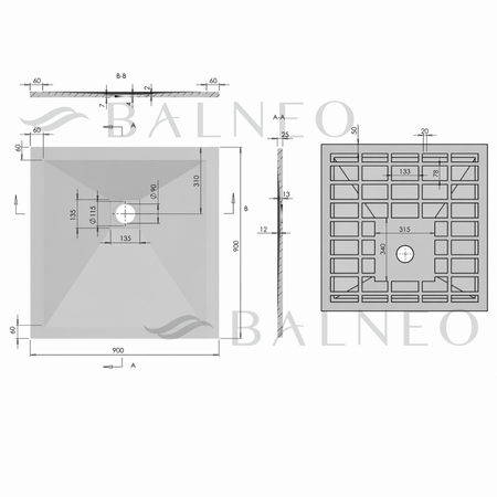Balneo Stone Tray composite shower tray 90 x 90 x 2.5 cm white low square