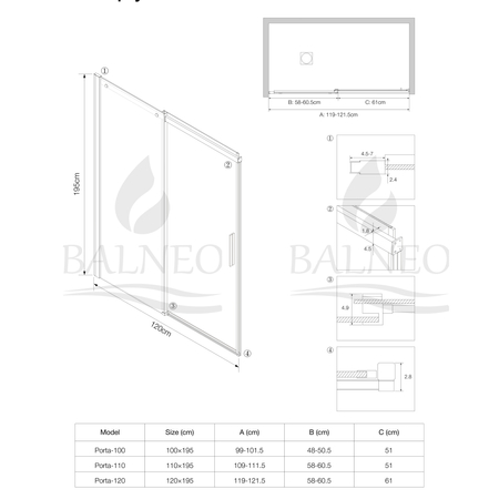 Drzwi prysznicowe rozsuwane Balneo Porta – Czarny 120 cm
