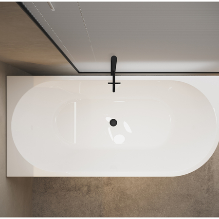 Left Corner Freestanding Bathtub Balneo AVOLA 170 x 80 cm White Acrylic with Stainless Steel Frame and 6 Stabilizing Legs with Black Overflow and Drain Plug