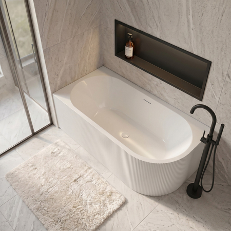 Freestanding bathtub corner left Balneo AVOLA fluted NO RIM 160 x 75 cm white acrylic with frame made of stainless steel and 6 stabilizing legs with overflow and white plug