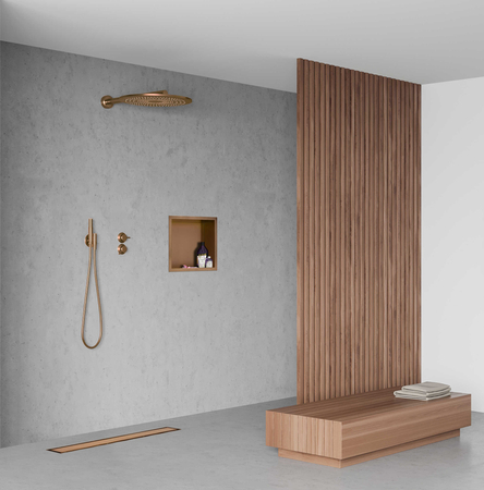 Odpływ liniowy podłogowy Balneo Duplex Next Copper 60 cm miedziany dwustronny ze stali nierdzewnej szczotkowanej z niskim syfonem i głębokim osadnikiem