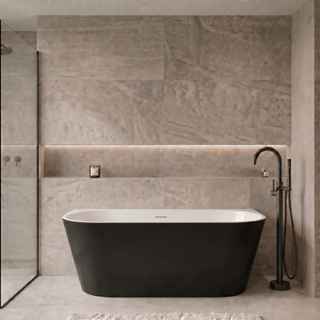 Freestanding bathtub wall-mounted Balneo VIVA NO RIM 170 x 80 cm white black acrylic with frame made of stainless steel and 6 stabilizing legs with overflow and white plug