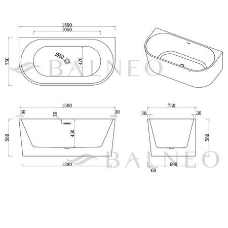 Freestanding bathtub wall-mounted Balneo VIVA NO RIM 150 x 75 cm white black acrylic with frame made of stainless steel and 6 stabilizing legs with overflow and white plug