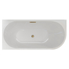 Freestanding left-hand corner bathtub “Balneo AVOLA” 150 × 75 cm, white acrylic, with stainless steel frame and six stabilizing feet, featuring a gold overflow and drain plug.