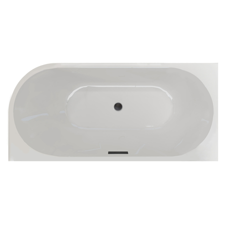 Left-corner freestanding bathtub Balneo AVOLA 150 × 75 cm, white acrylic with stainless steel frame and 6 stabilizing feet, black overflow and plug