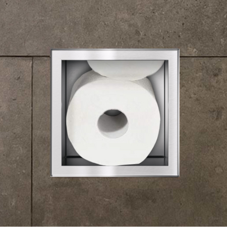 Balneo Wall Box Paper 3 built-in wall paper storage shelf in brushed stainless steel