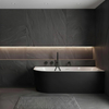 Freestanding bathtub corner right Balneo AVOLA NO RIM 150 x 75 cm white black acrylic with frame made of stainless steel and 6 stabilizing legs with overflow and white plug