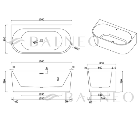 Freestanding bathtub wall-mounted Balneo VIVA PLUS NO RIM 170 x 80 cm white acrylic with frame made of stainless steel and 6 stabilizing legs with overflow and white plug