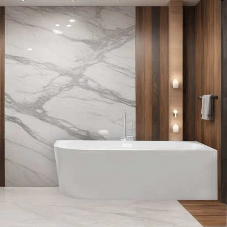 Right corner freestanding bathtub Balneo AVOLA 160 x 80 cm white acrylic with a stainless steel frame and 6 stabilizing legs, featuring a white overflow and drain