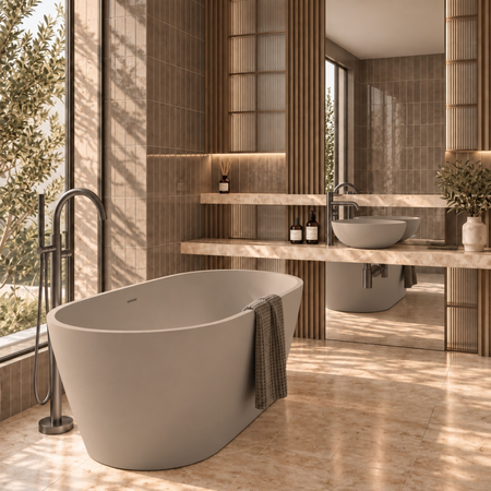 Freestanding bathtub VALIA Solid Surface Mocca Mousse with siphon and plug