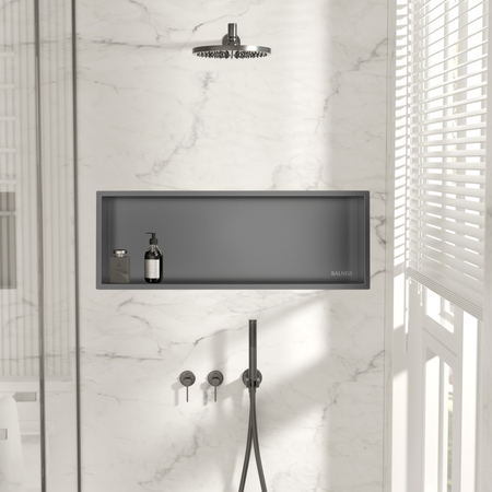 Balneo Wall Box One Gun Metal recessed shelf 90 x 30 x 10 cm in brushed stainless steel with flange