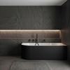 Freestanding bathtub corner right Balneo AVOLA fluted NO RIM 150 x 75 cm white black acrylic with frame made of stainless steel and 6 stabilizing legs with overflow and white plug
