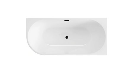 Balneo AVOLA 150 × 75 cm Right-Hand Freestanding Corner Bathtub, White Acrylic with Stainless Steel Frame and 6 Stabilizing Feet, featuring a Black Overflow and Drain Plug