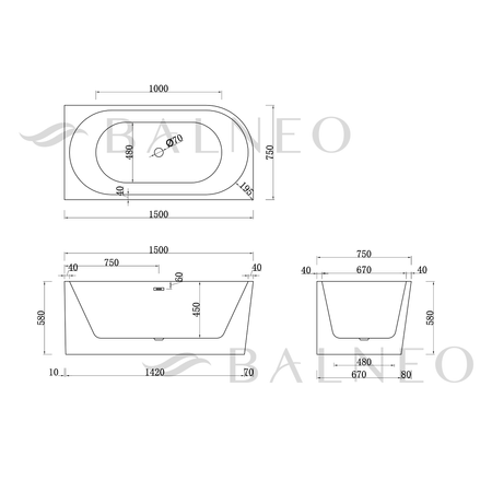 Balneo AVOLA Right-Hand Freestanding Corner Bathtub 150 × 75 cm, White Acrylic, with Stainless Steel Frame and 6 Stabilizing Feet, Overflow and Chrome Plug
