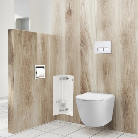 Balneo Wall Box Brush S White Glass Left-Hand In-Wall Toilet Brush Holder, Stainless Steel