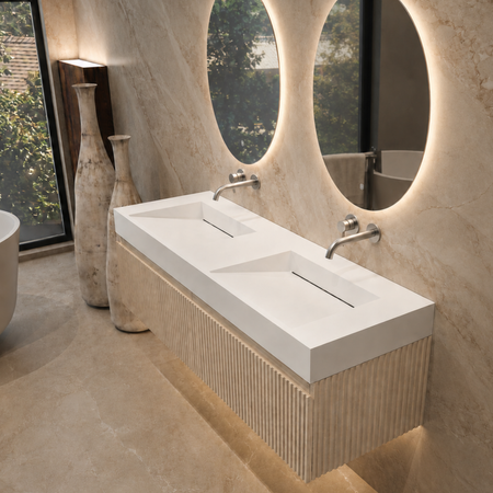 Seravia Solid Surface Washbasin, Coco White, with Double Linear Drain, 120 cm