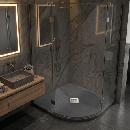 Balneo Stone Tray Composite Semi-Circular Low-Profile Shower Tray, 80 × 80 × 2.5 cm, Dark Gray