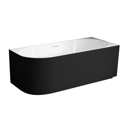 Freestanding bathtub corner right Balneo AVOLA fluted NO RIM 150 x 75 cm white black acrylic with frame made of stainless steel and 6 stabilizing legs with overflow and white plug