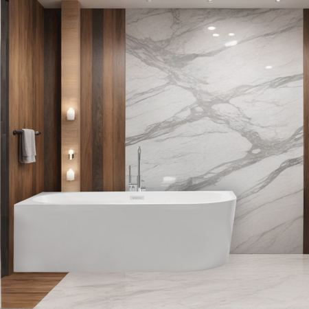 Balneo AVOLA 150 × 75 cm Left-Hand Freestanding Corner Bathtub, White Acrylic with Stainless Steel Frame, 6 Stabilizing Legs, Overflow and Chrome Plug