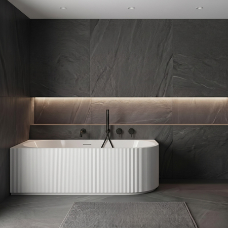 Freestanding bathtub corner left Balneo AVOLA fluted NO RIM 160 x 75 cm white acrylic with frame made of stainless steel and 6 stabilizing legs with overflow and white plug