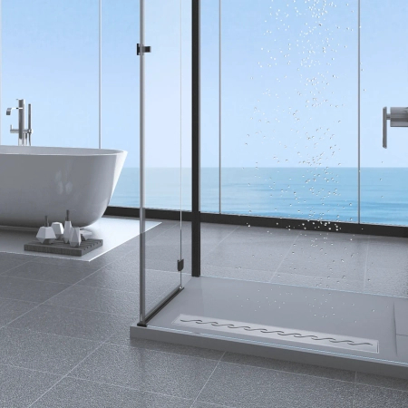 Odpływ liniowy podłogowy Balneo Decor Next Wave 60 cm z panelem dekoracyjnym ze stali nierdzewnej szczotkowanej z niskim syfonem i głębokim osadnikiem