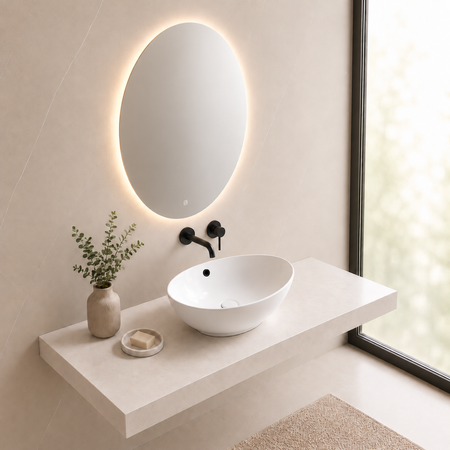 Balneo Zerra 59 × 39 cm white ceramic countertop basin with black overflow.