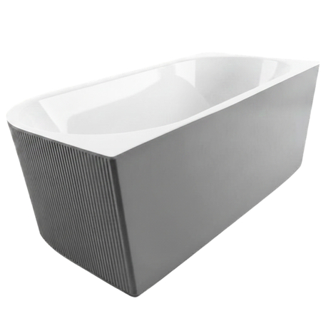 Wanna wolnostojąca narożna lewa Balneo AVOLA ryflowana NO RIM 160 x 75 cm biało szara akrylowa z ramą ze stali nierdzewnej i 6 nóżkami stabilizującymi z przelewem i białym korkiem
