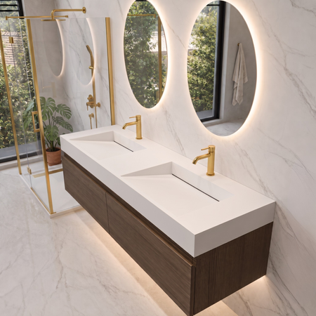 Seravia Solid Surface Washbasin, Coco White, with Double Linear Drain, 140 cm
