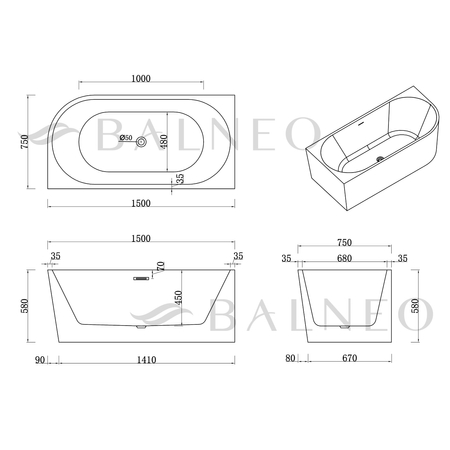 Freestanding bathtub corner left Balneo AVOLA NO RIM 150 x 75 cm white acrylic with frame made of stainless steel and 6 stabilizing legs with overflow and white plug